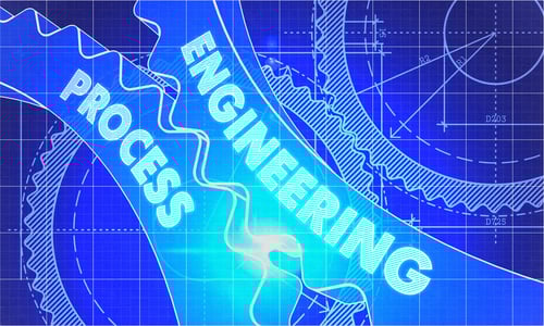 Engineering Process on the Mechanism of Cogwheels. Blueprint Style. Technical Design. 3d illustration with Lens Flare.