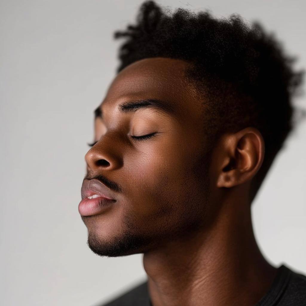 A young man practicing deep breathing to deal with stress.